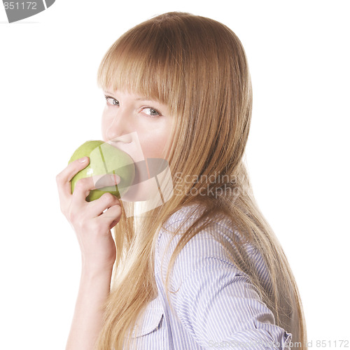 Image of Woman biting apple 