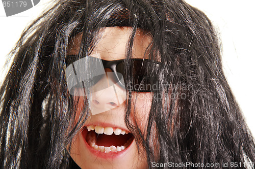 Image of Laughing boy in black wig