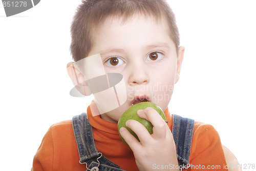 Image of Surprized boy with green apple