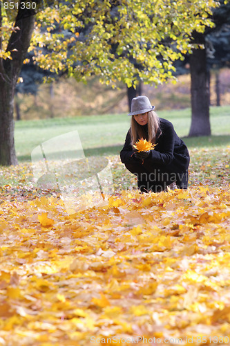 Image of Woman in black coat with collecting leaves