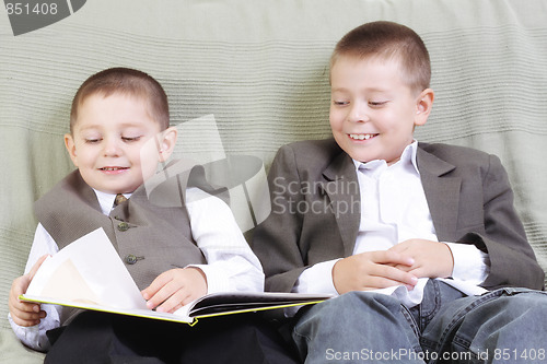 Image of Smiling brothers reading book