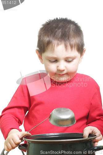 Image of Boy in red with saucepan