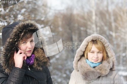 Image of Brunette on cellphone in sunny frosty day