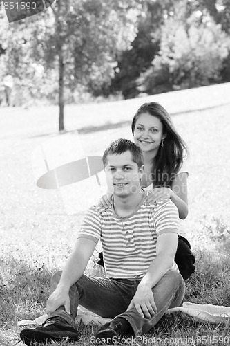 Image of Happy couple in park monochrome