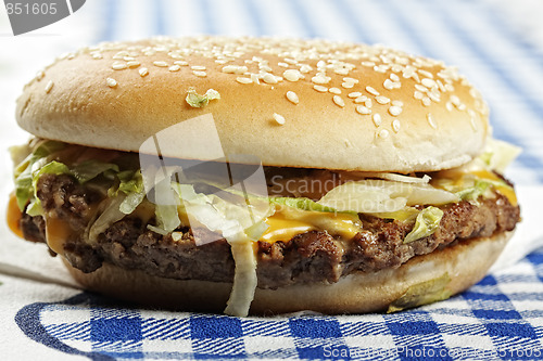 Image of Hamburger on tablecloth sideview
