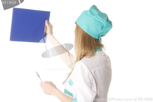 Image of Doctor with blue cardboard