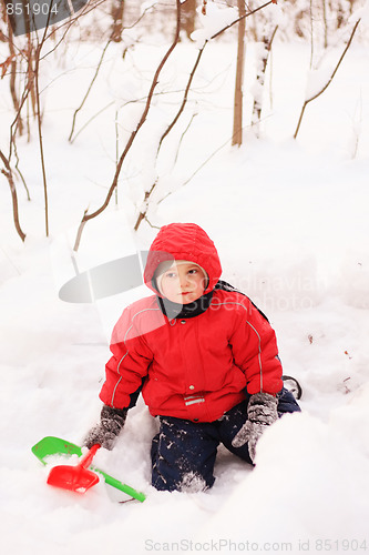 Image of Little kid in red jacket sitting on snow