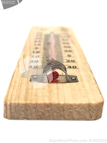 Image of Wooden thermometer on white background