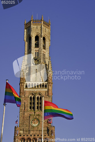 Image of Belfry Bruges with LGBT flags