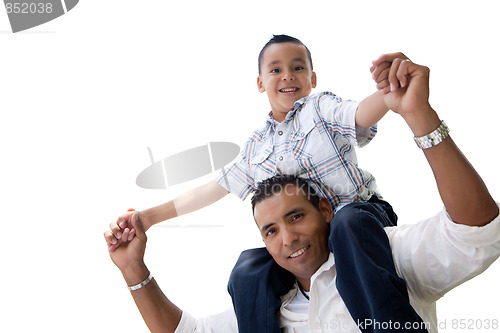 Image of Hispanic Father and Son Having Fun Isolated on White