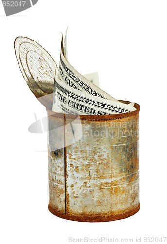 Image of Rusty tin can with US currency