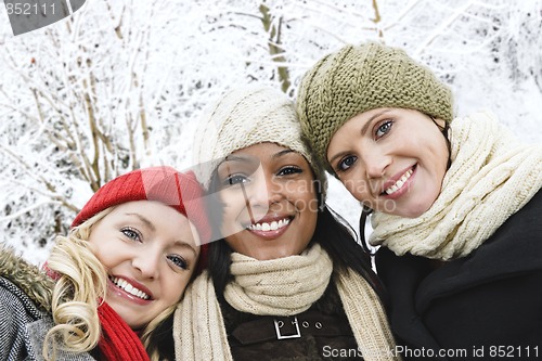 Image of Group of girl friends outside in winter