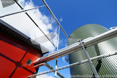 Image of Industrial zone, Steel pipe-lines on blue sky