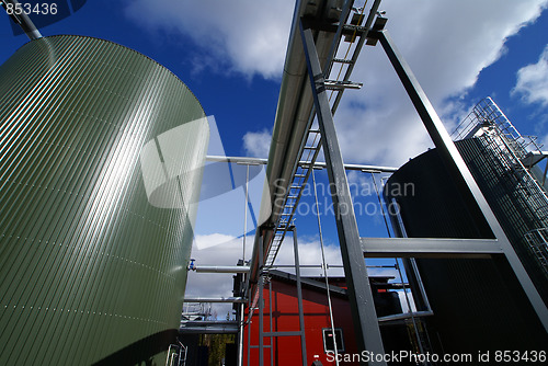 Image of Industrial zone, Steel pipe-lines on blue sky