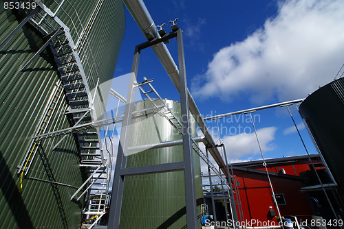 Image of  Industrial zone, Steel pipe-lines on blue sky