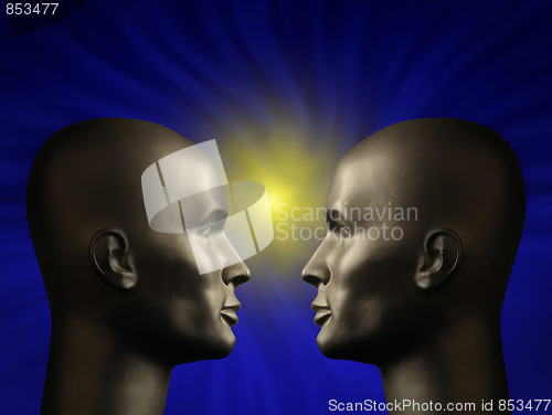 Image of Two android heads facing one another