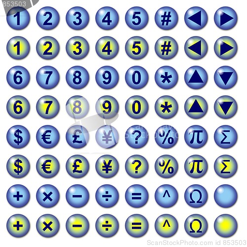 Image of Number currency and mathematical symbol web buttons