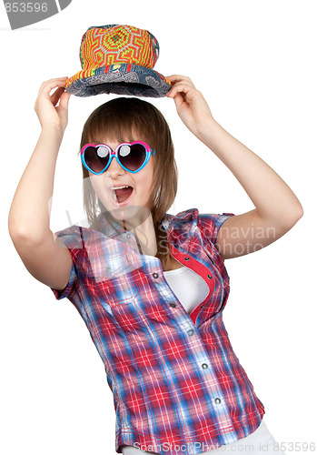 Image of Beautiful girl smiles in sunglasseses and colour hat