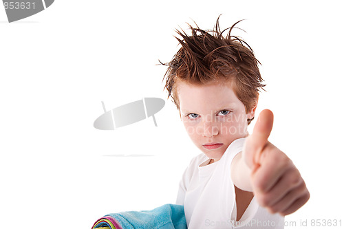 Image of Cute boy, with sign of  cool