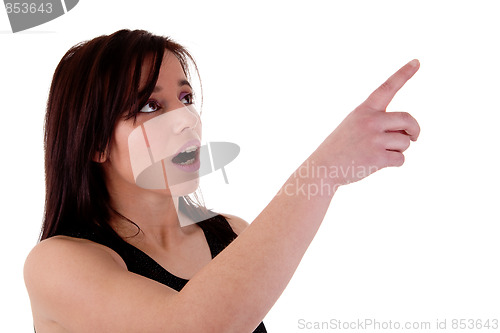 Image of beautiful young woman admired, pointing