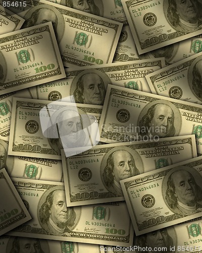 Image of One hundred dollar bills lying flat