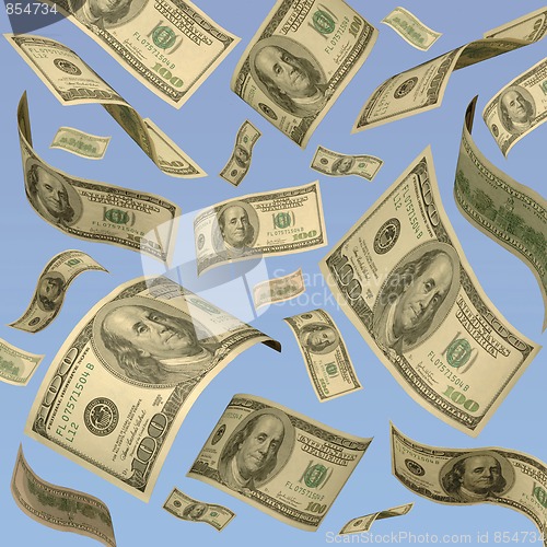 Image of One hundred dollar bills floating against a blue sky.