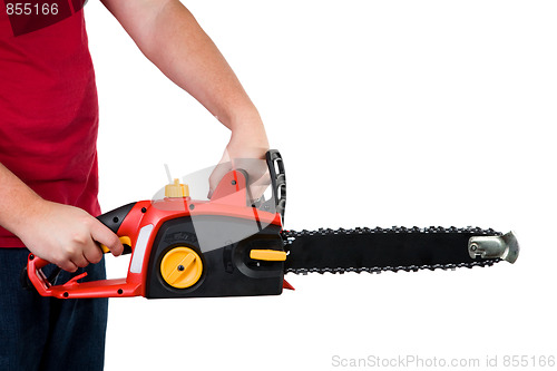 Image of Man Holding Chainsaw Isolated 