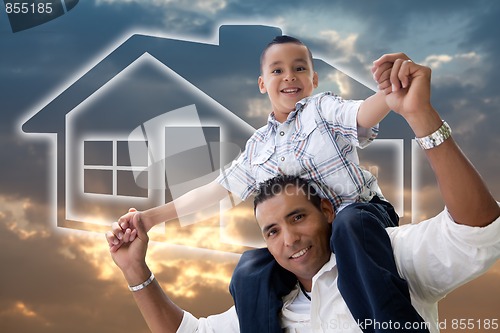 Image of Father and Son Over Clouds, Sky and House Icon.