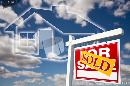 Image of Sold For Sale Sign Over Clouds, Sky and House Icon.