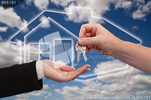 Image of Handing Over Keys on Ghosted Home Icon, Clouds and Sky