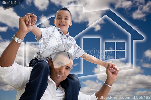Image of Father and Son Over Clouds, Sky and House Icon