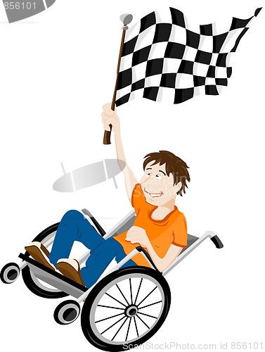 Image of Young handicapped man in wheelchair with winner flag. 