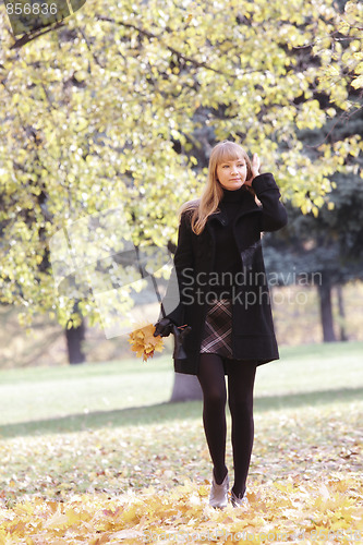 Image of Woman walking in fall park