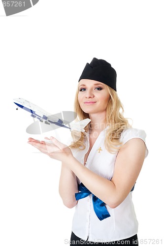 Image of Flight attendant with model of aircraft
