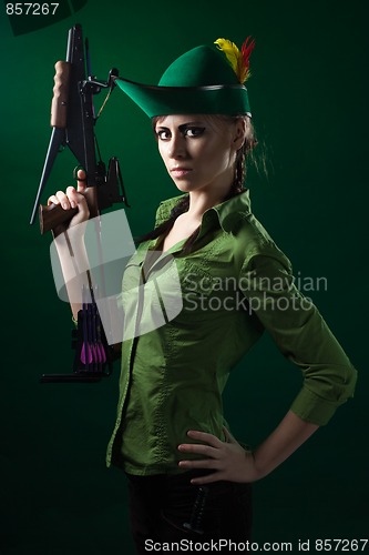 Image of Robin hood style woman with crossbow