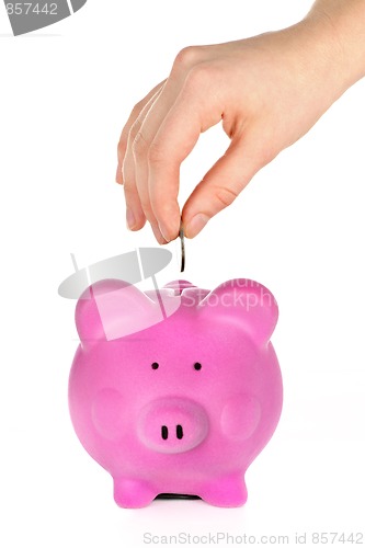 Image of Hand putting coin in piggy bank