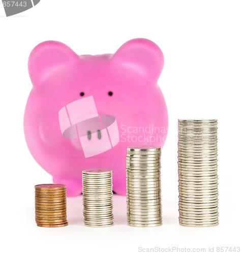 Image of Piggy bank with coin stacks
