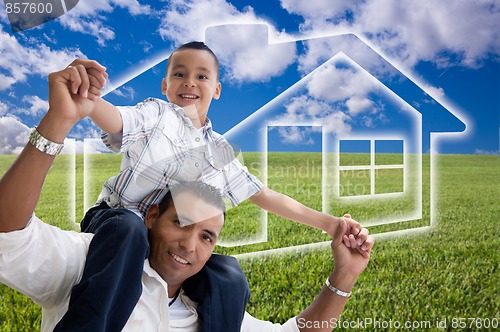 Image of Father and Son Over Grass Field, Clouds, Sky and House Icon