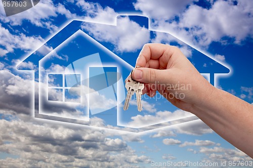 Image of Handing Over Keys on Ghosted Home Icon, Clouds and Sky