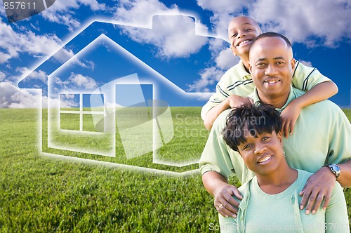 Image of Family Over Grass Field, Clouds, Sky and House Icon