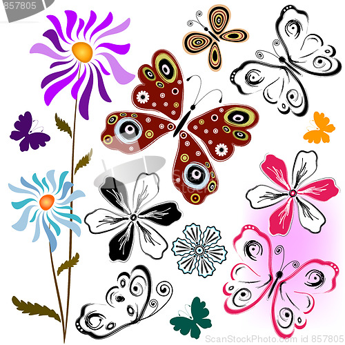Image of Set butterflies and flowers