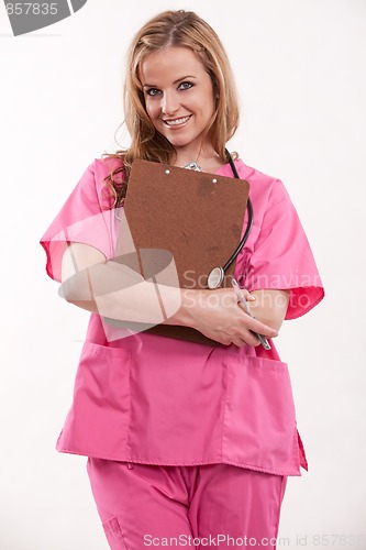 Image of Attractive blonde female caucasian nurse doctor