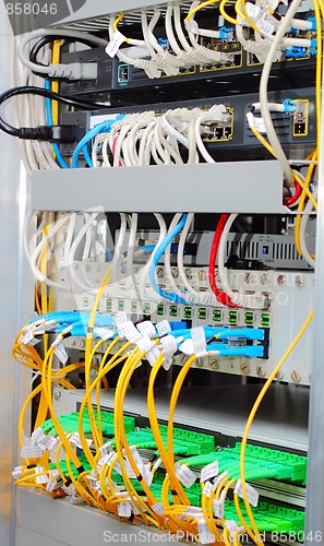 Image of fiber optic datacenter with media converters and optical cables 