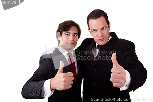 Image of two young businessmen giving consent, with thumb up