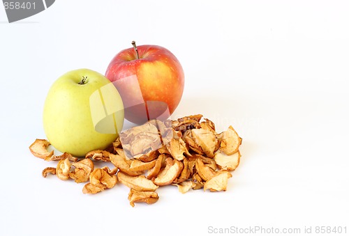 Image of green red and dried apples on white 