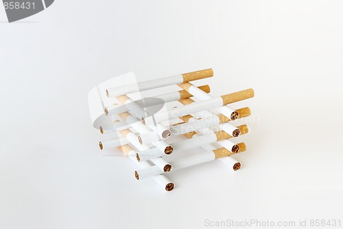 Image of composition of cigarettes on white background 