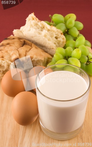 Image of Fresh bread with eggs  and glass of milk