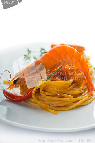 Image of pasta and spicy shrimps