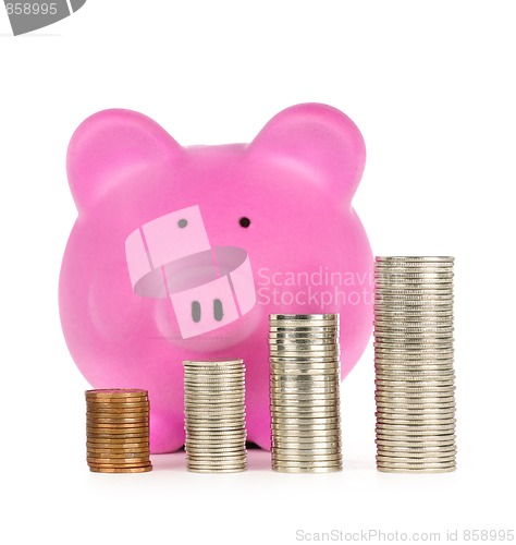 Image of Piggy bank with coin stacks