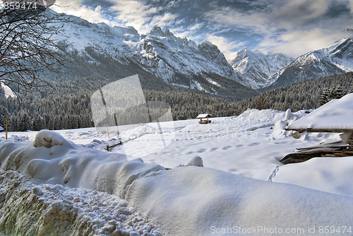 Image of Snow on the Dolomites Mountains, Italy